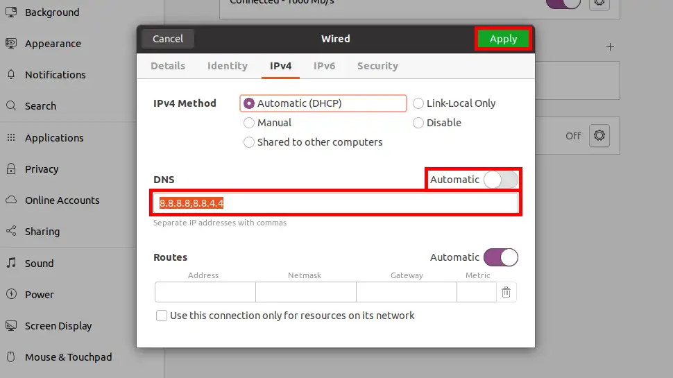 Enter your custom DNS servers addresses, toggle Automatic