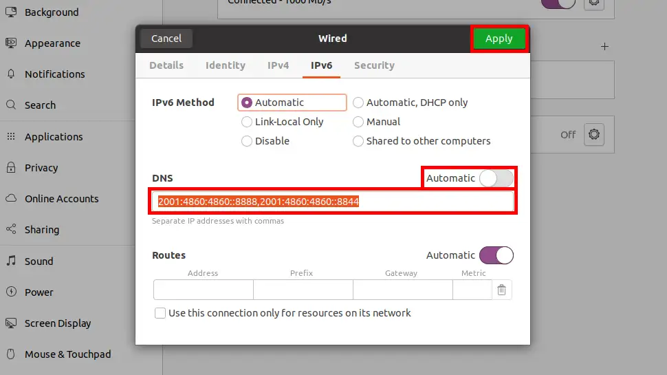 Enter IPv6 addresses, toggle Automatic