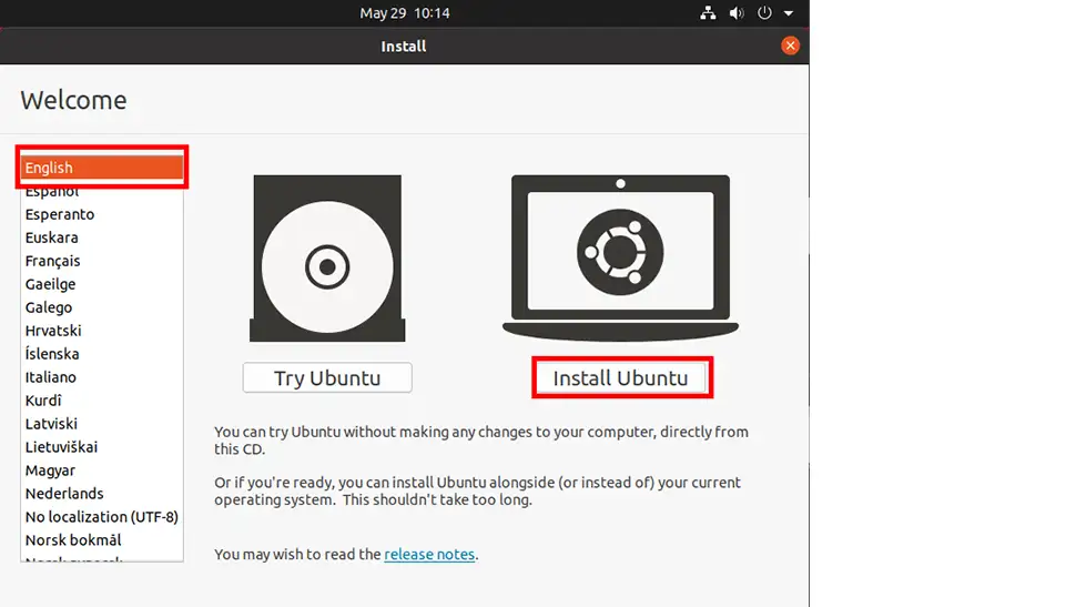 Choose your language on the left side window, then click Install Ubuntu