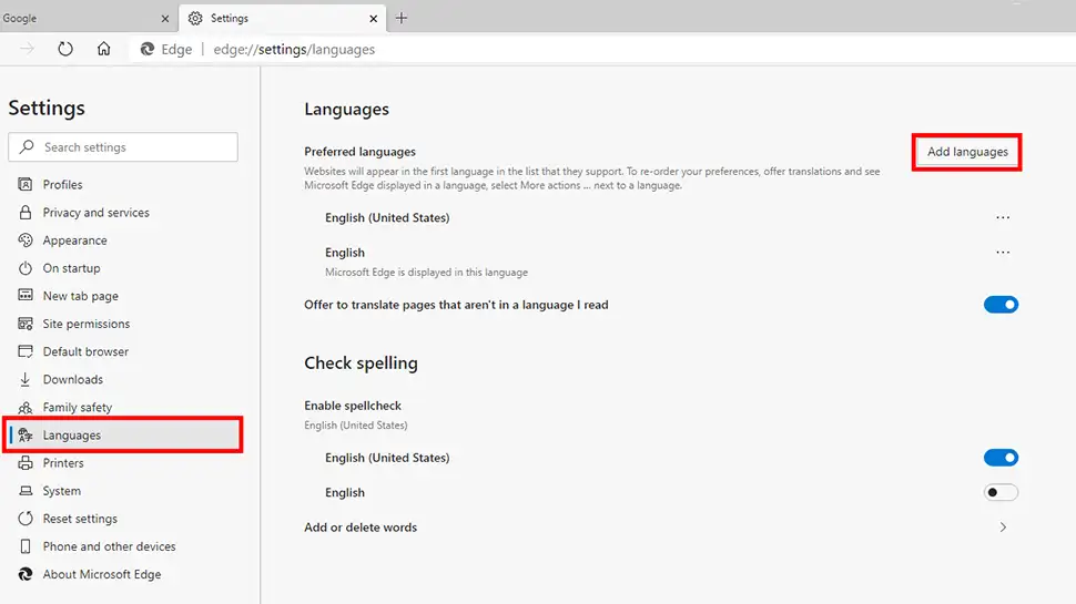 Click Languages on the left-side pane, then click the Add languages button
