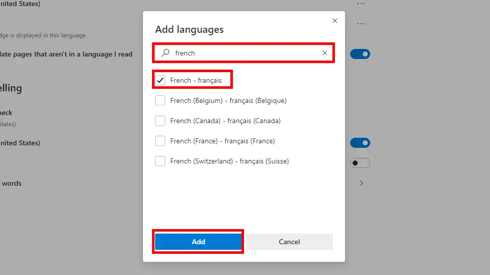 Type the language you need inside the search box, or scroll down to find it. Check the checkbox for your chosen language and click Add