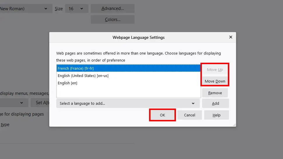 Move your prefered language to the top position using the Move up button, then click OK