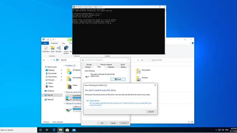 Perform disk error check (chkdsk) on Windows 10