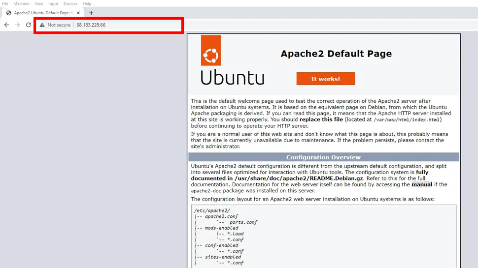 Enter your servers IP address. You should see the default It Works Ubuntu page.
