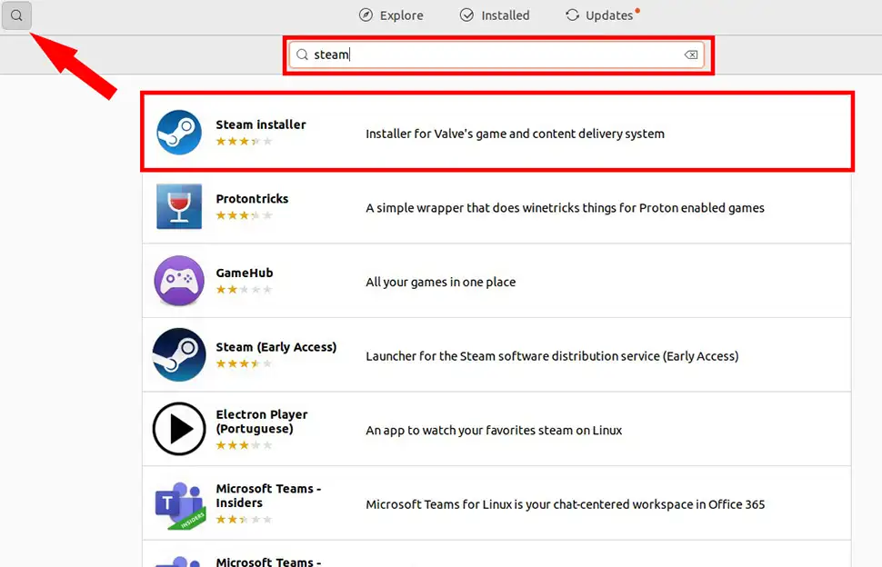Click the search icon top-left of Software Manager, type "Steam" inside the search box, then click the "Steam Installer" package