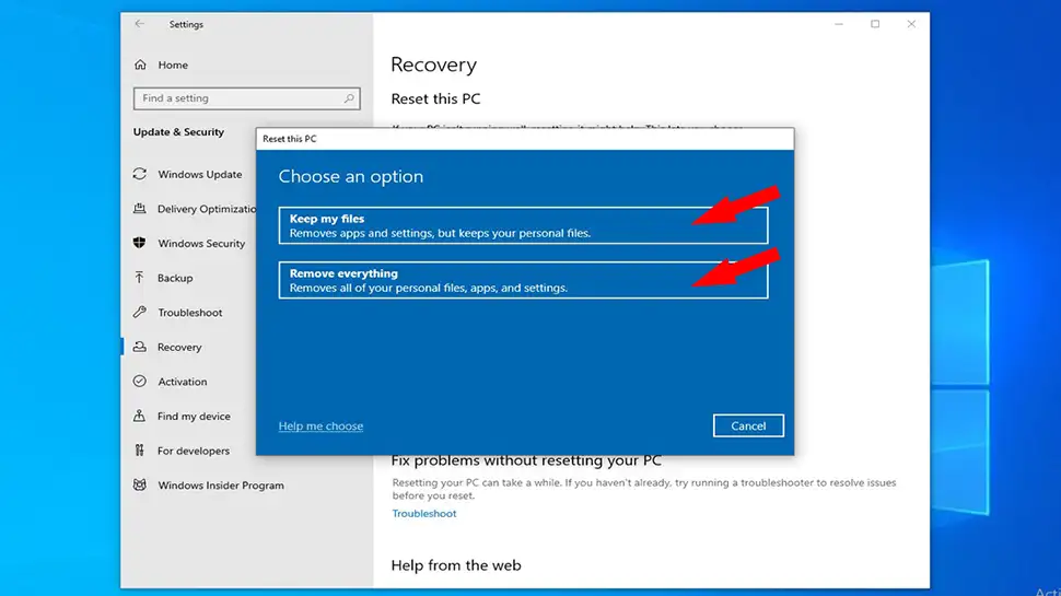 To Refresh Windows 10, click the Keep my files option. To reset Windows 10 to factory defaults and lose all your files (unless you've backed them up) choose Remove everything