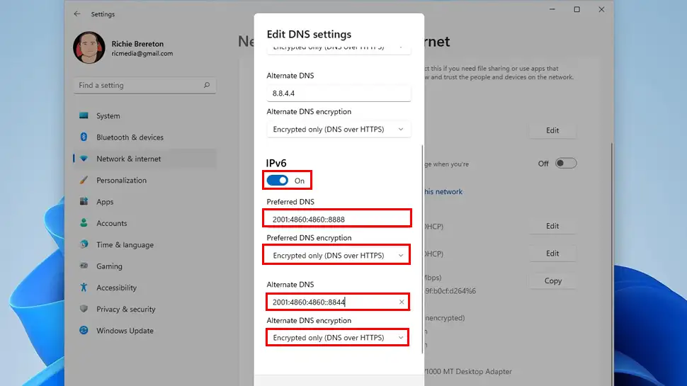 Enter DNS settings for IPv6