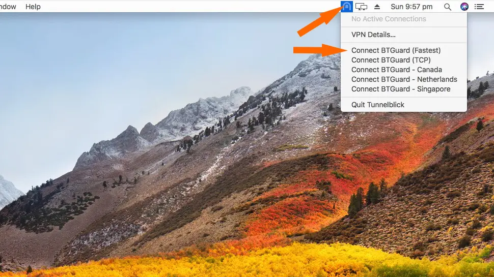 Click the Tunnelblick icon, then choose a server to connect