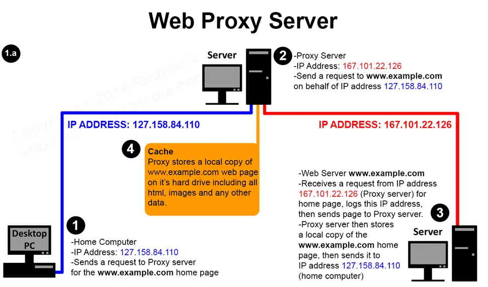 Diagram showing the network flow of a web proxy server, also known as a caching server.