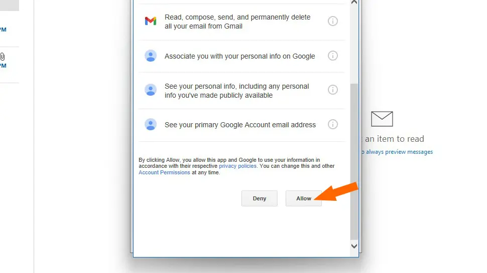 Click Allow to give Outlook permission to access your Gmail data