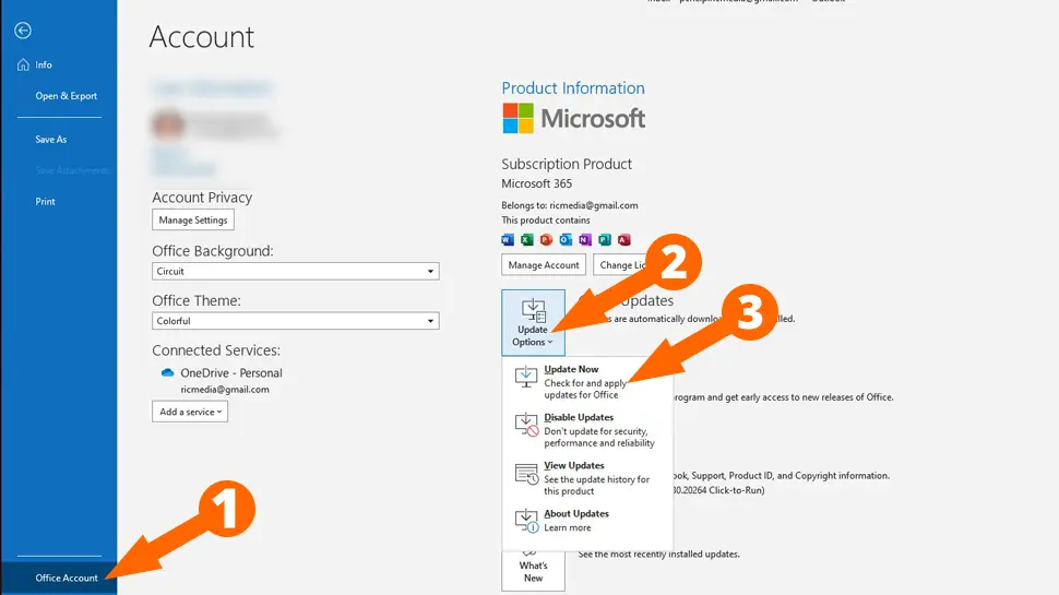Go to File, Office Account, Update Options, Update Now to update your Office apps