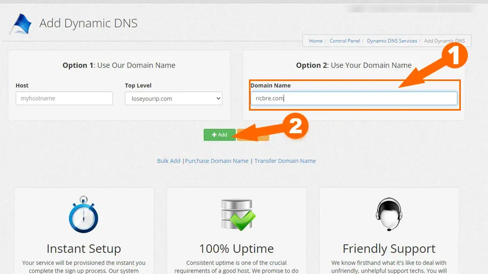 Dynu - Enter a domain name and click Add