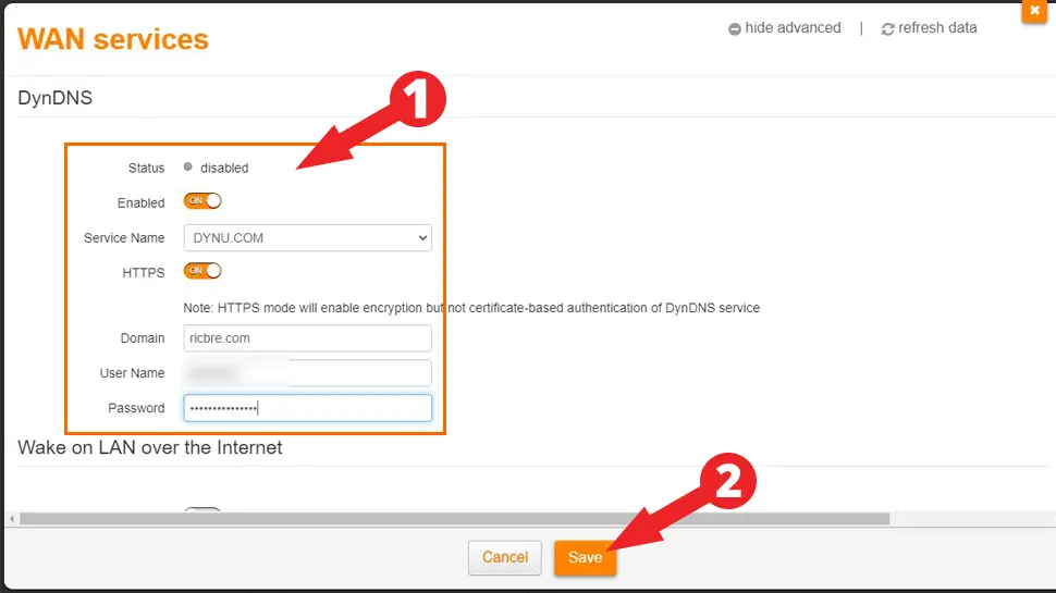 Enable Dynamic DNS updates, choose DYNU.COM, enable HTTPS and enter your credentials