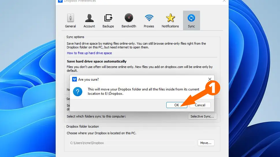 Click OK to move your existing files and folders to the new location