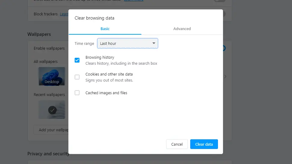 Clear browsing history in Opera