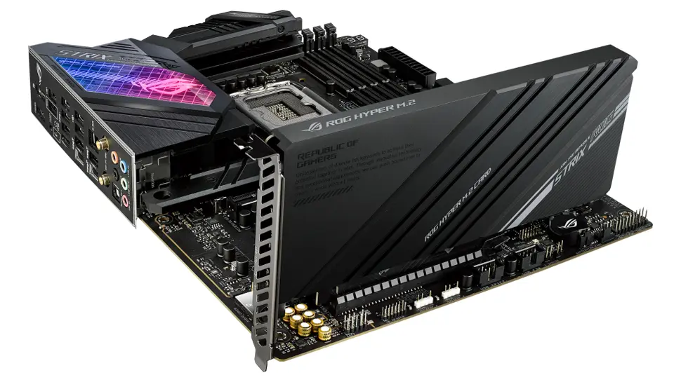 ROG Strix Z690-E - Left side angle with M.2 Hyper Card fitted