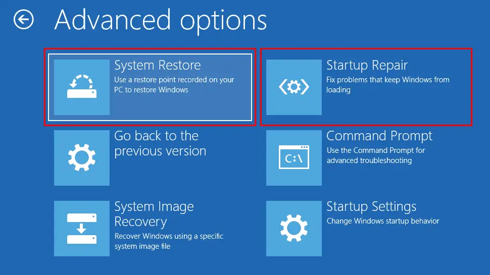 Fix using System Restore or Startup Repair options
